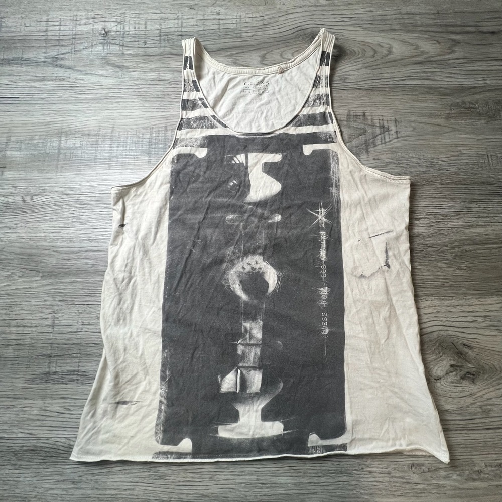 Guess Tank Top Mens Medium Cream Razor Blade Graphic Distressed Los Angeles S2